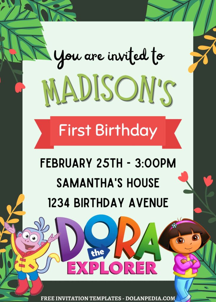 10+ Dora The Explorer Canva Birthday Invitation Templates with greenery foliage