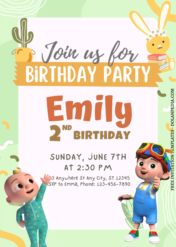 7+ Cute Cocomelon Canva Joint Birthday Invitation Templates with adorable cactus