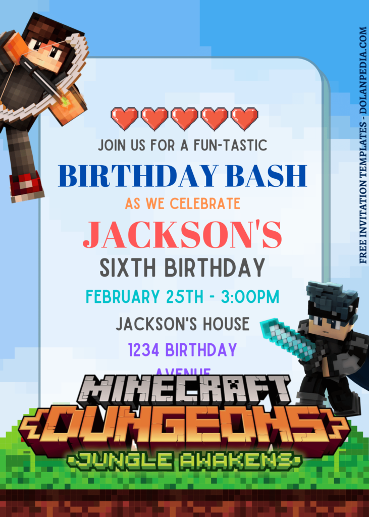 7+ Super Fun Minecraft Dungeon Canva Birthday Invitation Templates  with Minecraft Skin Characters