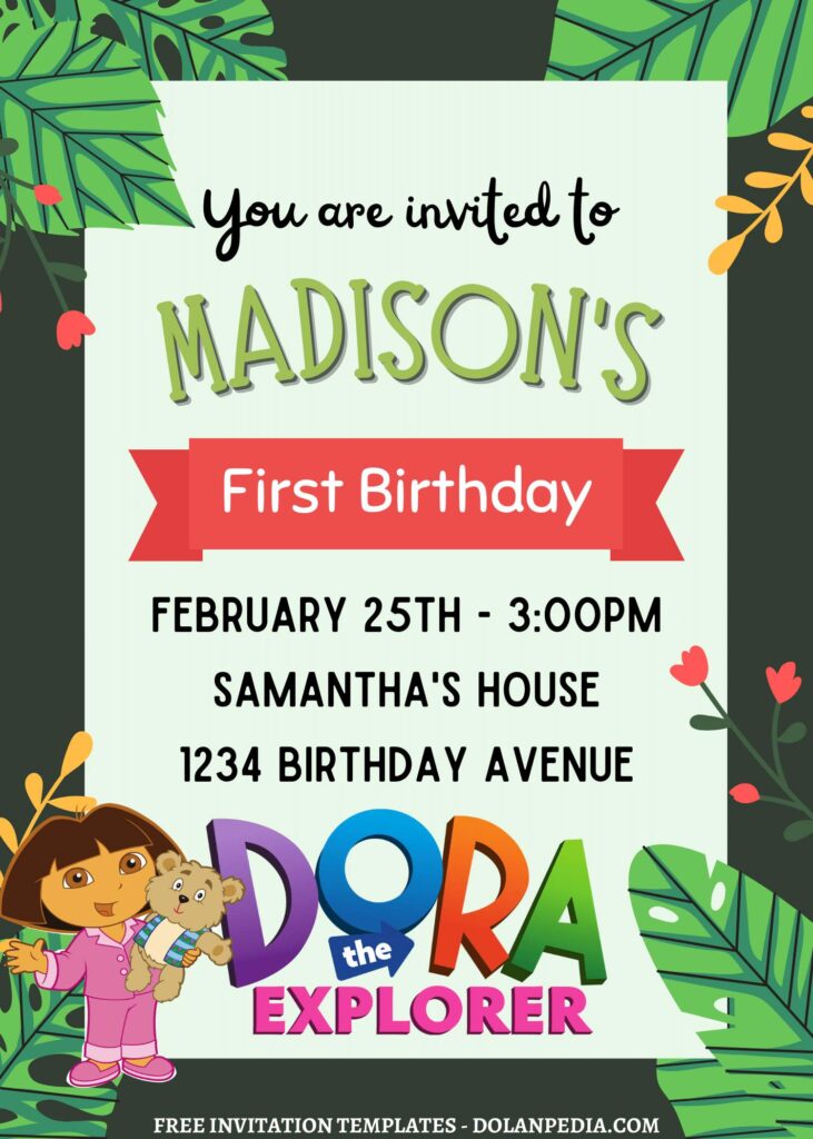 10+ Dora The Explorer Canva Birthday Invitation Templates with cute red ribbon