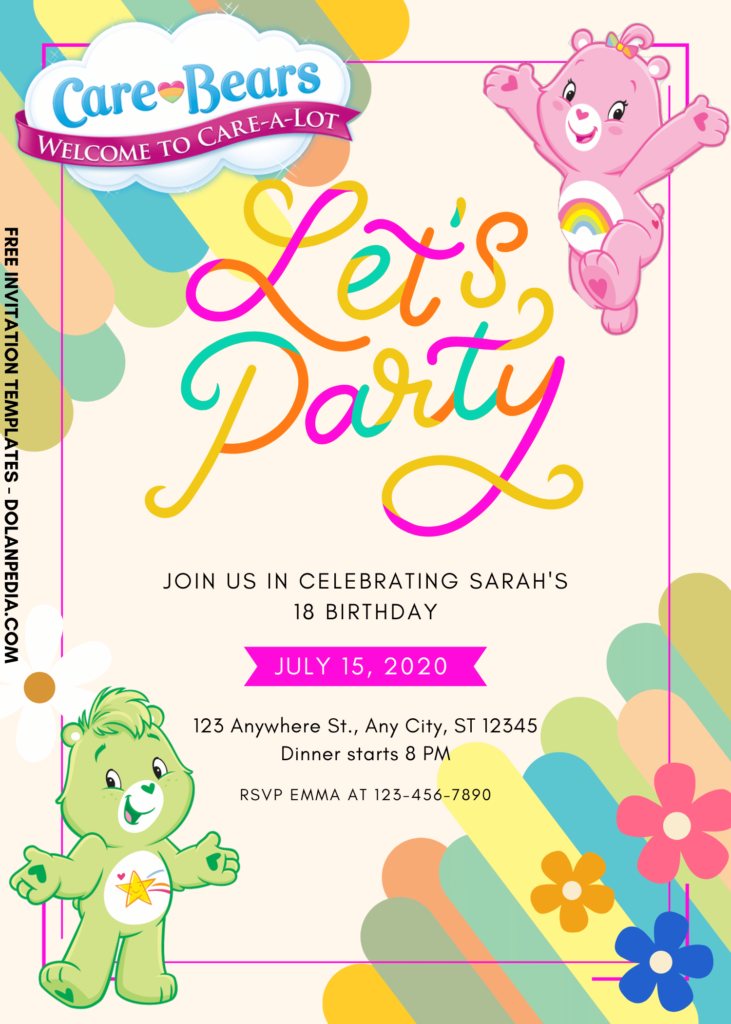 9+ Adorable Care Bears Canva Birthday Invitation Templates with colorful text