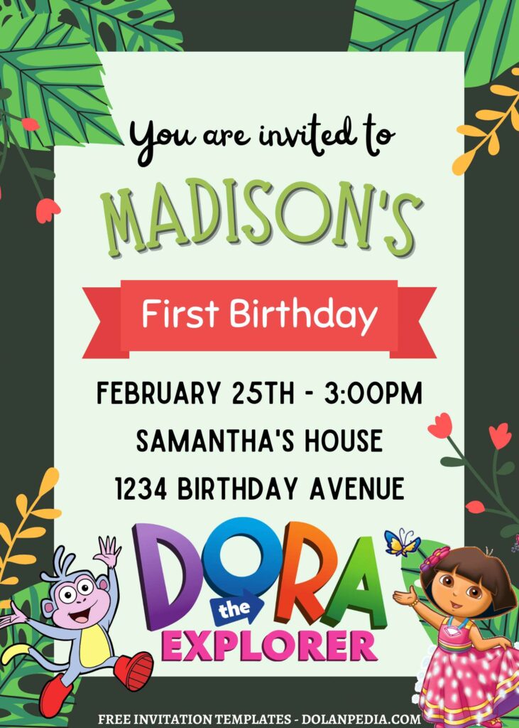 10+ Dora The Explorer Canva Birthday Invitation Templates with greenery border
