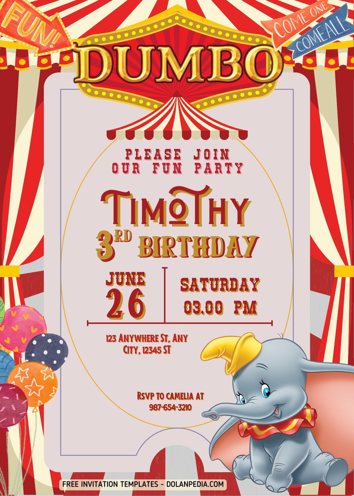 FREE Dumbo Circus Carnival Party Invitation Templates